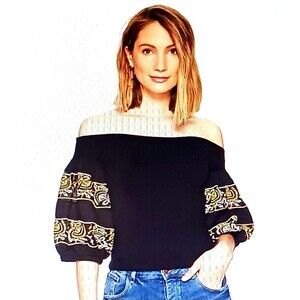 Free People Rock With It Off Shoulder Top Blk Embroidered Puff Sleeve XS